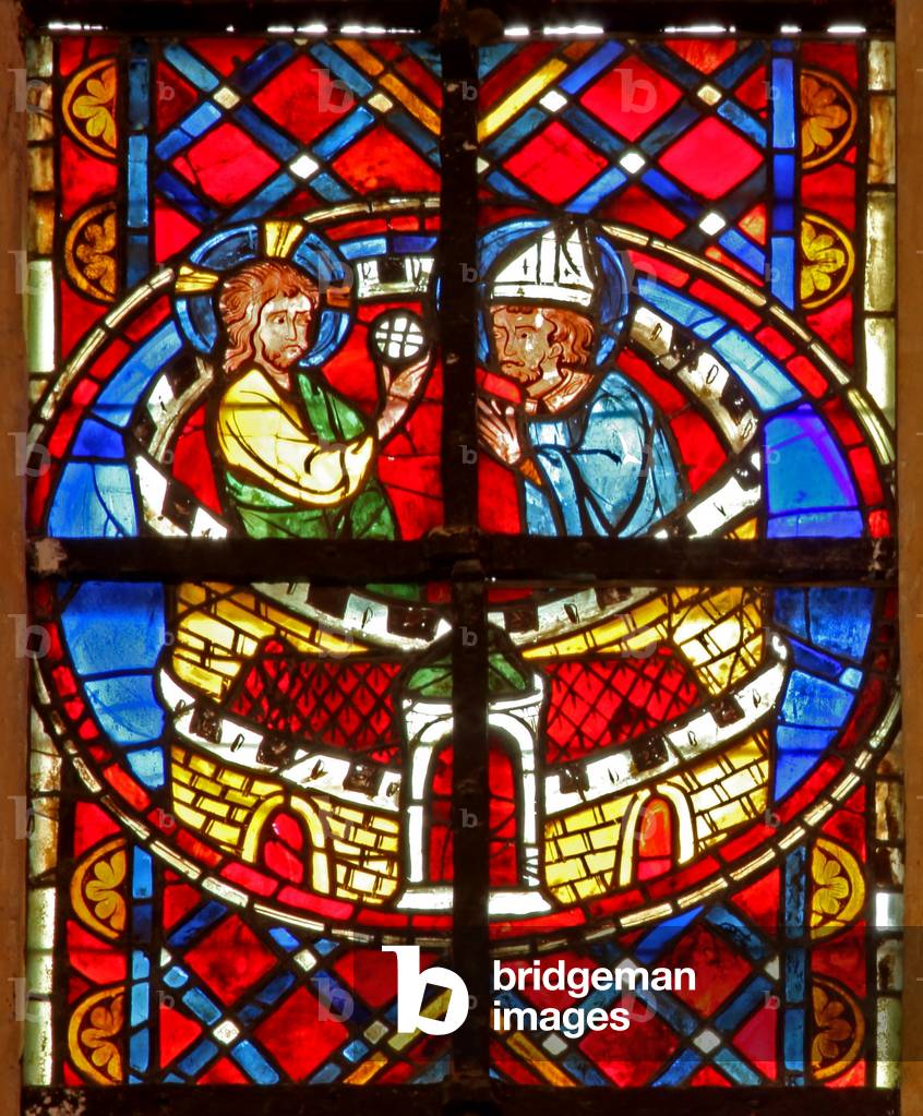 Window w211 depicting St Denis receives communion in prison (stained glass) by French Artist