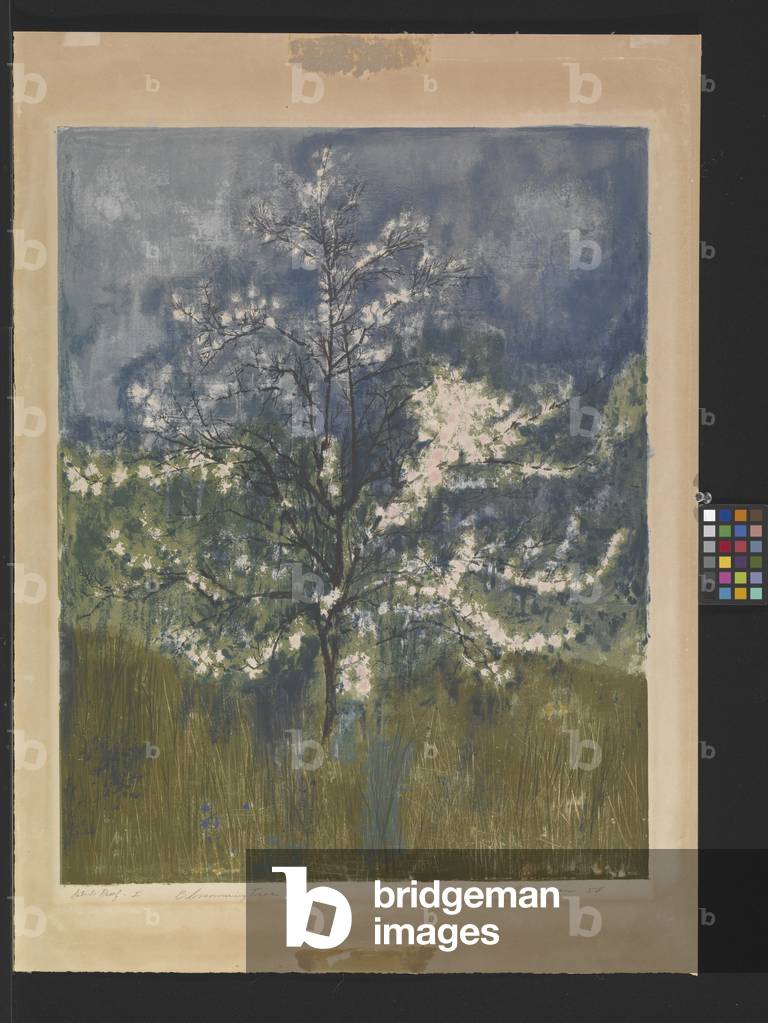 "Blütenbaum (Farblithographie auf weißem Webpapier)" 1958 von Garo Zareh Antreasian