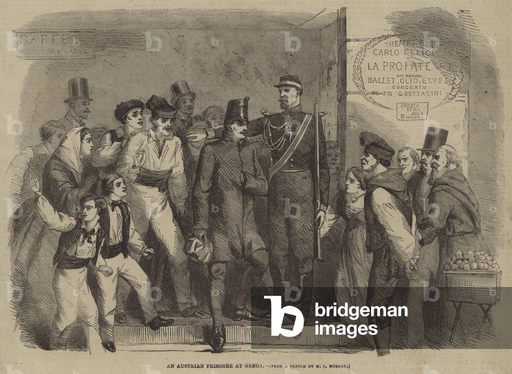 "Ein österreichischer Gefangener in Genua (Gravur)" von English School, b/w