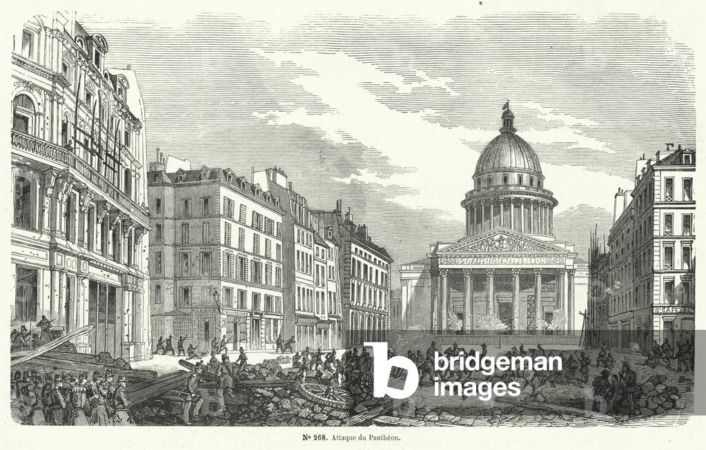 "Truppe dell'esercito francese che attaccano i ribelli occupando il Pantheon" 1801 di French School, b/w