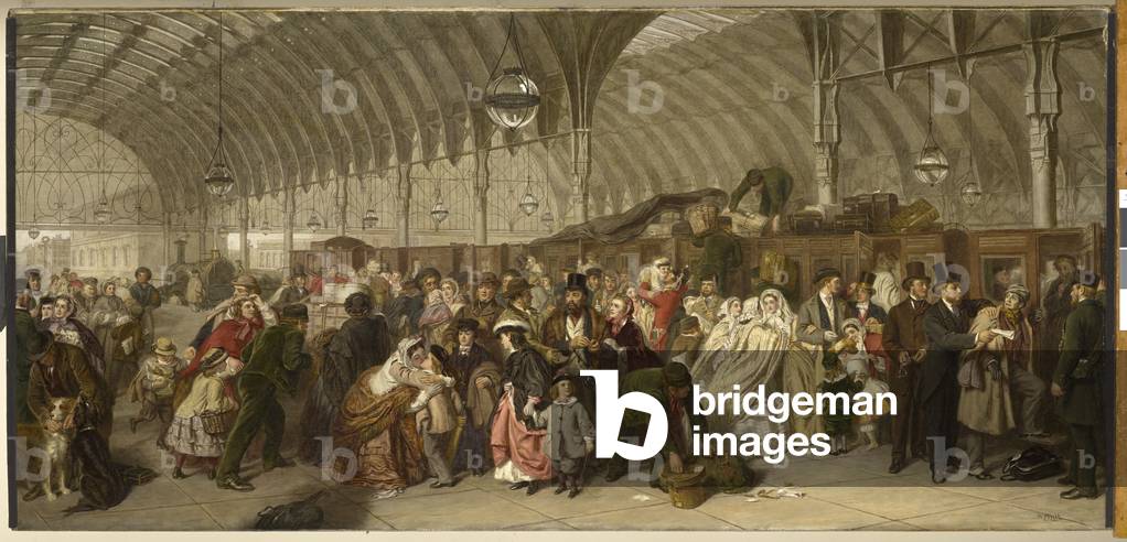 Bild von Gemälde "Der Bahnhof" 1862 von William Powell Frith, b/w