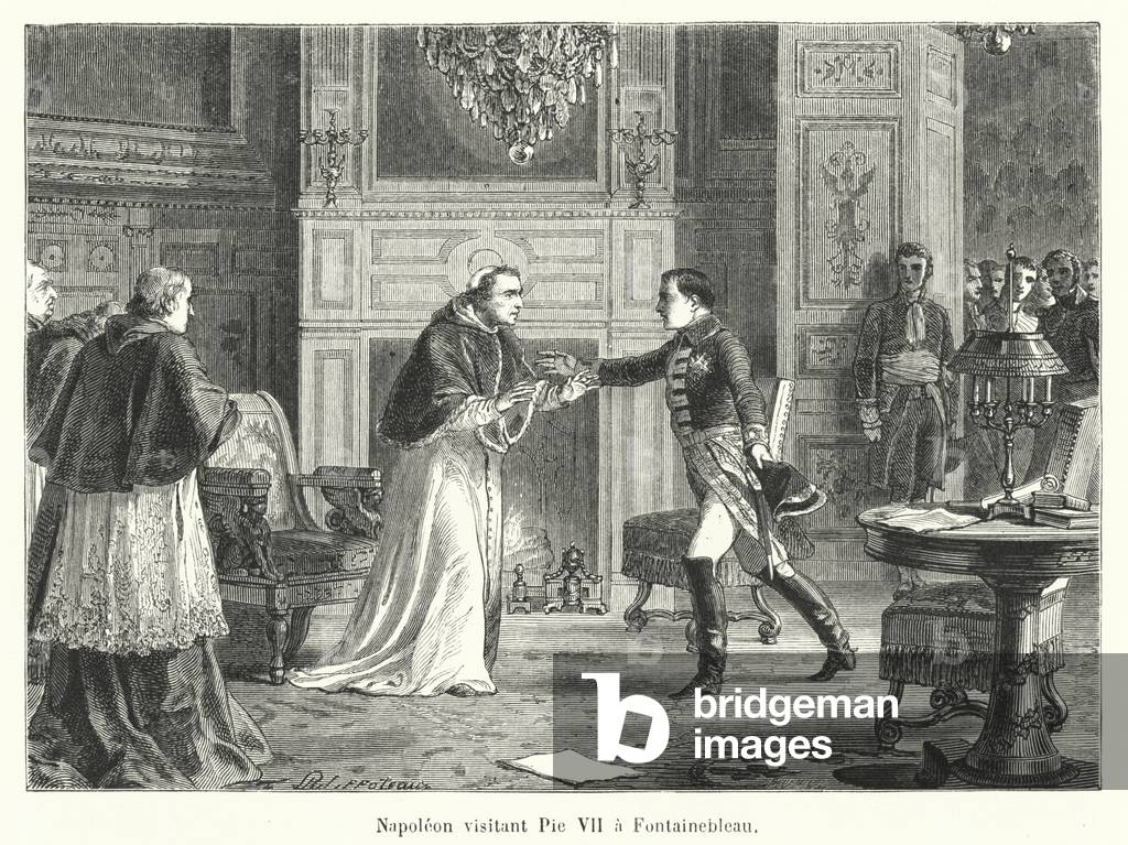 "Napoleone visitante Pie VII a Fontainebleau (incisione)" 1801 di French School, b/w