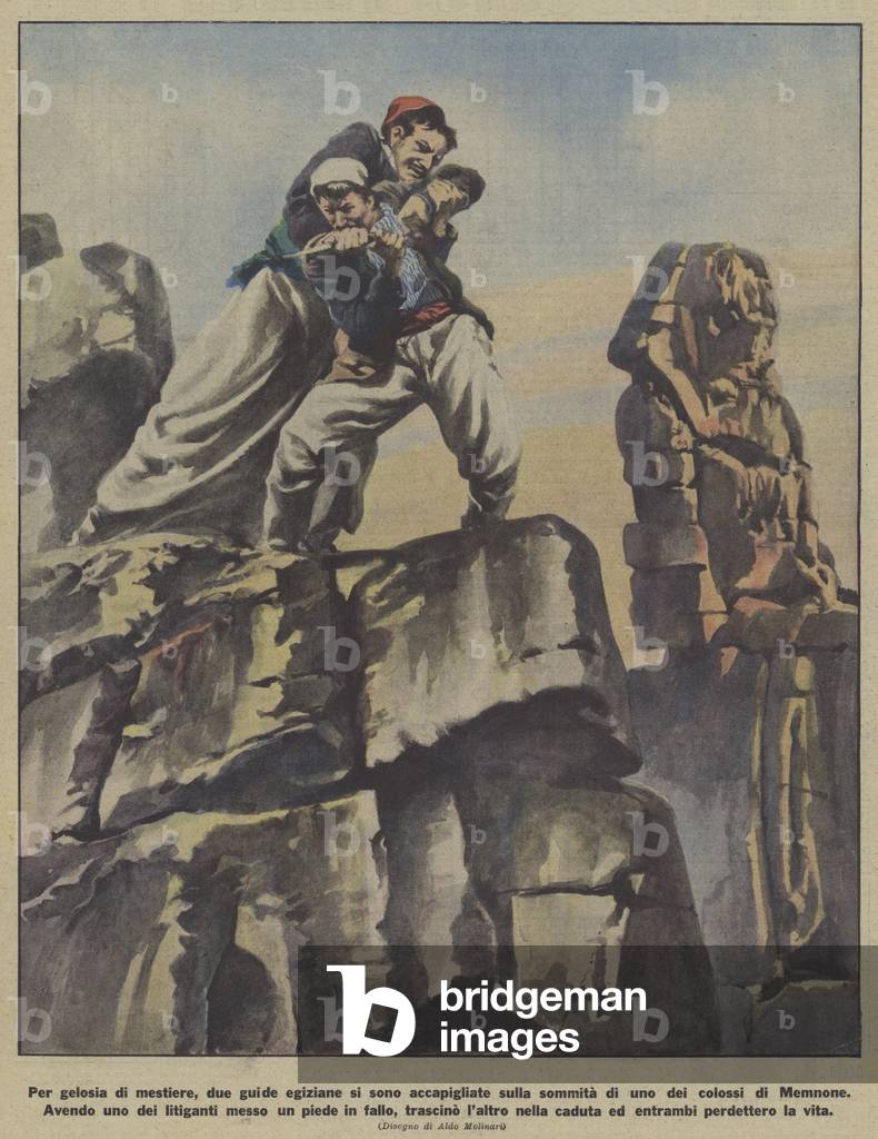 Lotta tra due guide turistiche egiziane rivali sulla cima di uno dei Colossi di Memnon a Tebe (colore lito)