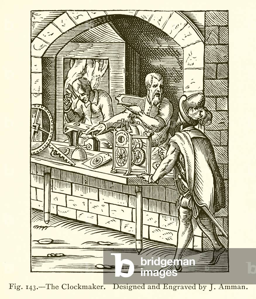 The Clockmaker (engraving) by French Artist, b/w