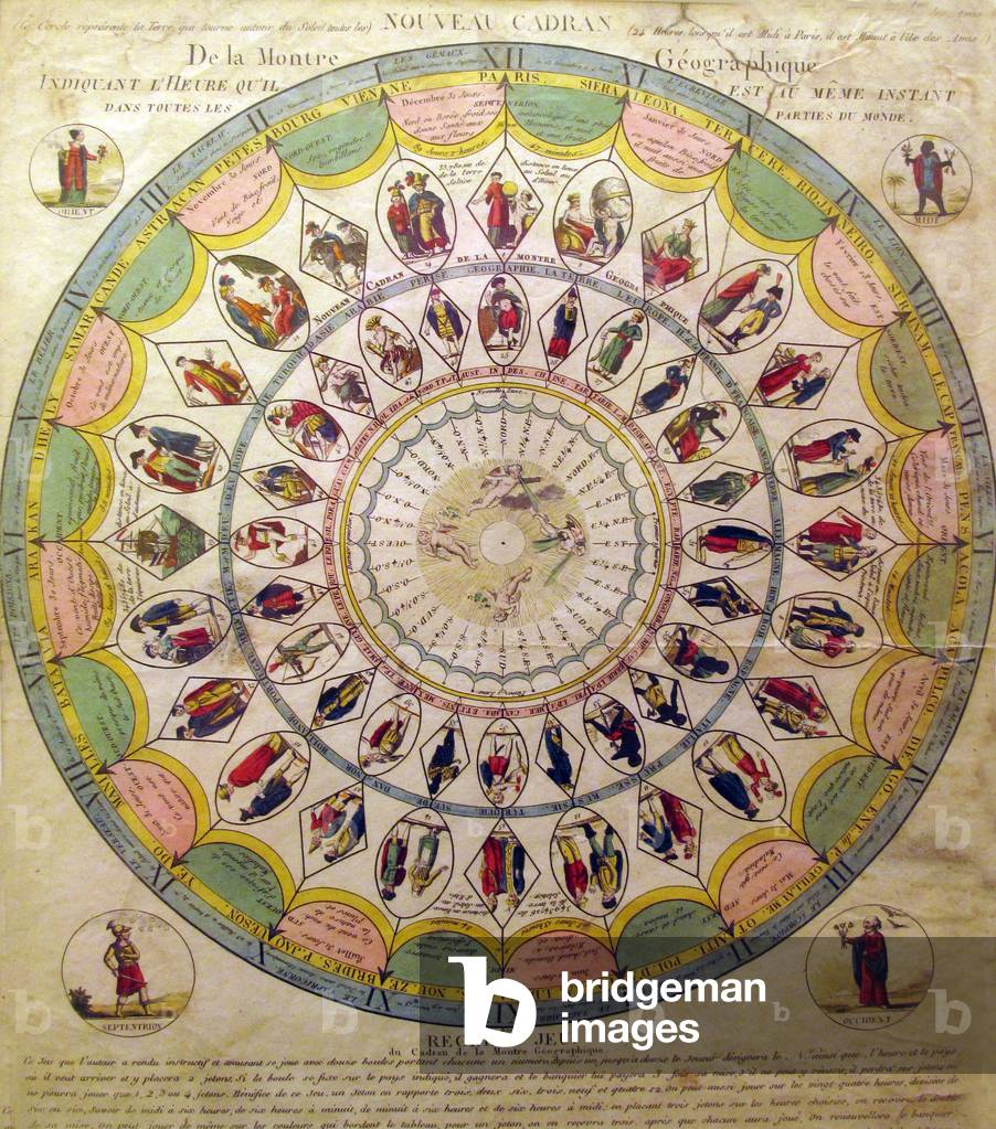 Lotteria con fusi orari, scatole e costumi etnici, 1830 (incisione)