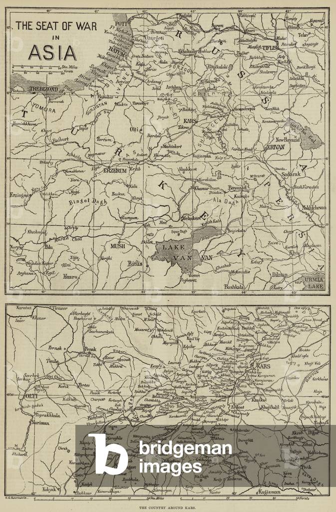 "La sede della guerra in Asia (incisione)" di English School, b/w