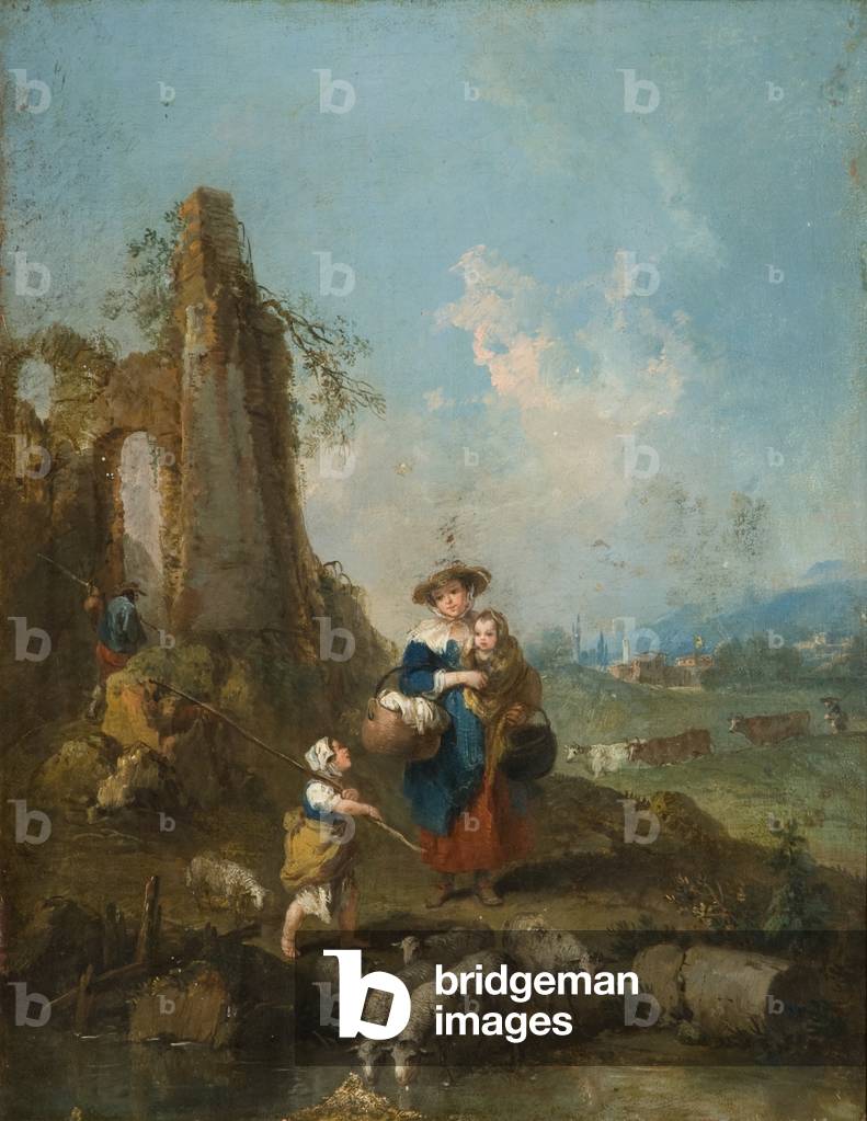Bild von Gemälde "Eine Frau trägt ein Kind und zwei Körbe (Öl auf Leinwand)" 1701 von Francesco Zuccarelli