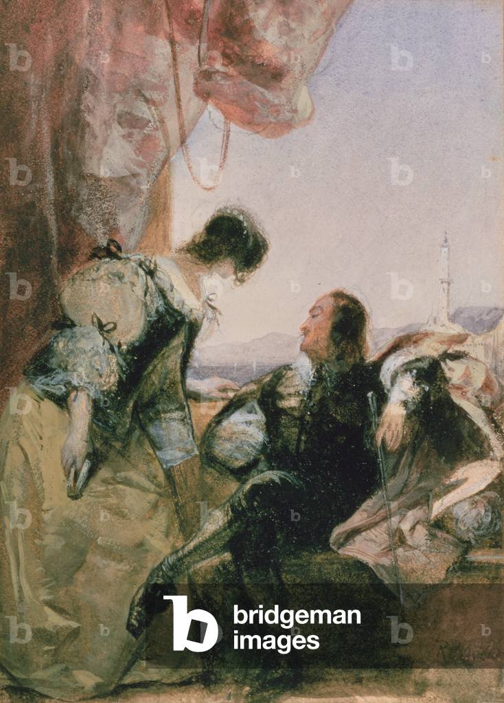 Un Cavelier e la sua signora su un terrazzo, Genova, 1826 (matita, acquerello e corpo con gomma arabica)