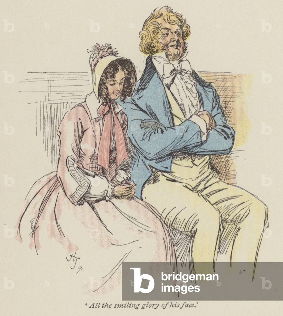Bild von Gravur "Abbildung für Cranford von Frau Gaskell (farbiger Stich)" 1801 von Hugh Thomson