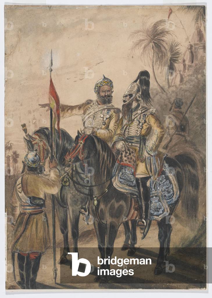 Due ufficiali montati e un sowar smontato, 4a Cavalleria irregolare del Bengala, c.1850 (w/c)