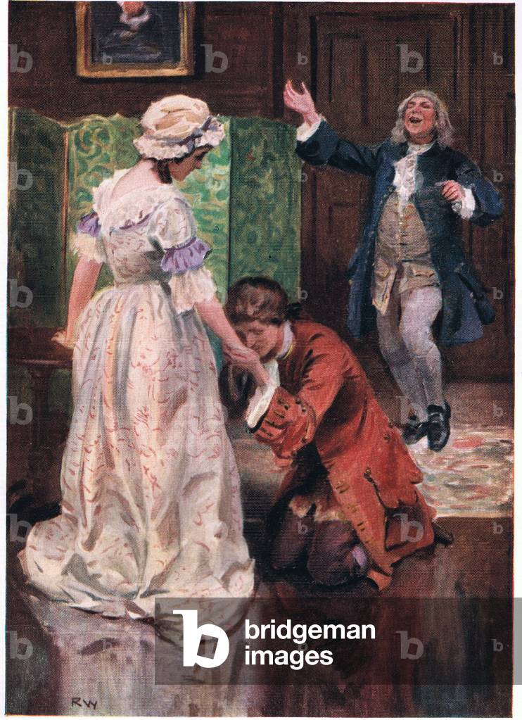 Jones fiel dann auf seine Knie und küsste ihre Hand in einer Qual der Freude, um 1920 (Farbe litho)
