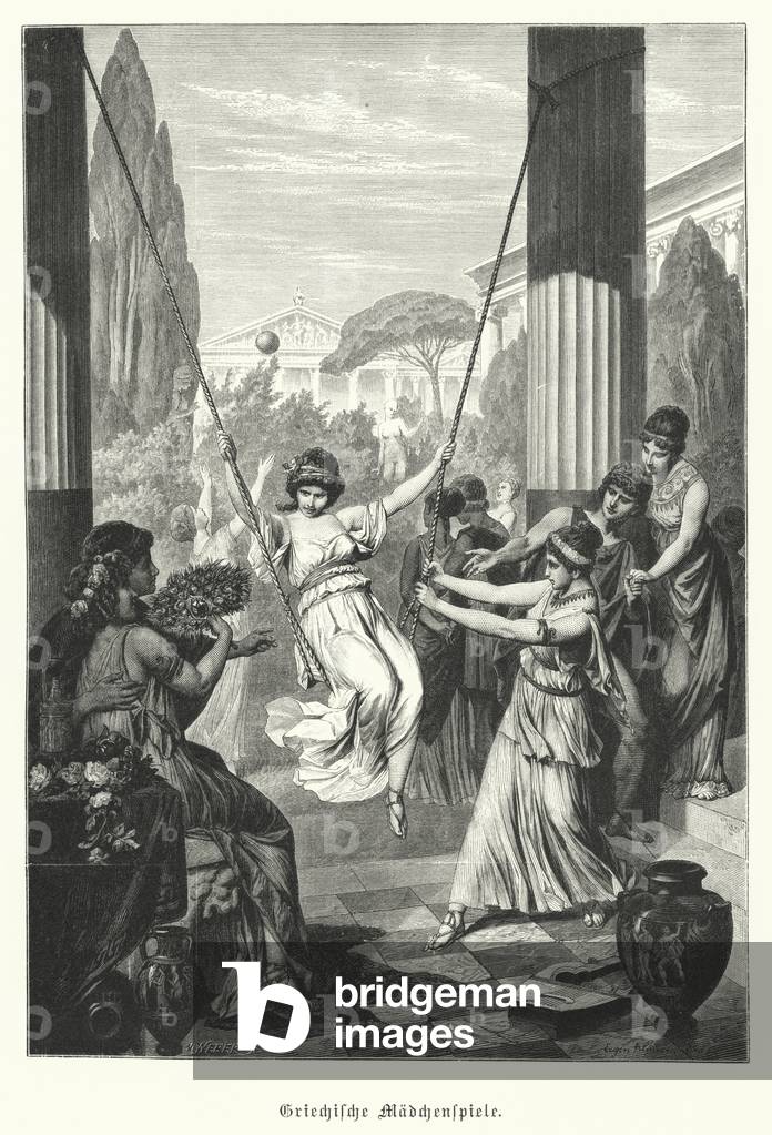 Filles grecques anciennes au jeu (gravure) par German School, b/w