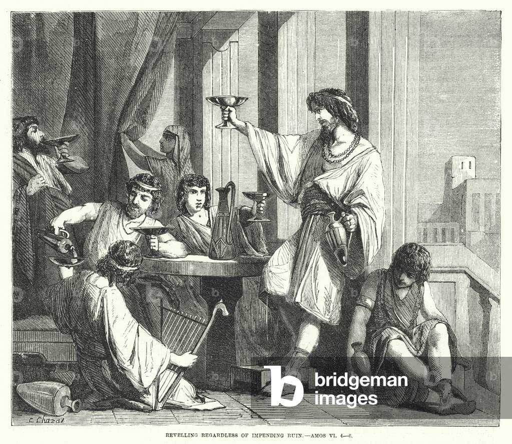 Image of Engraving depicting Revelling regardless of Impending Ruin 1880 by English Artist, b/w