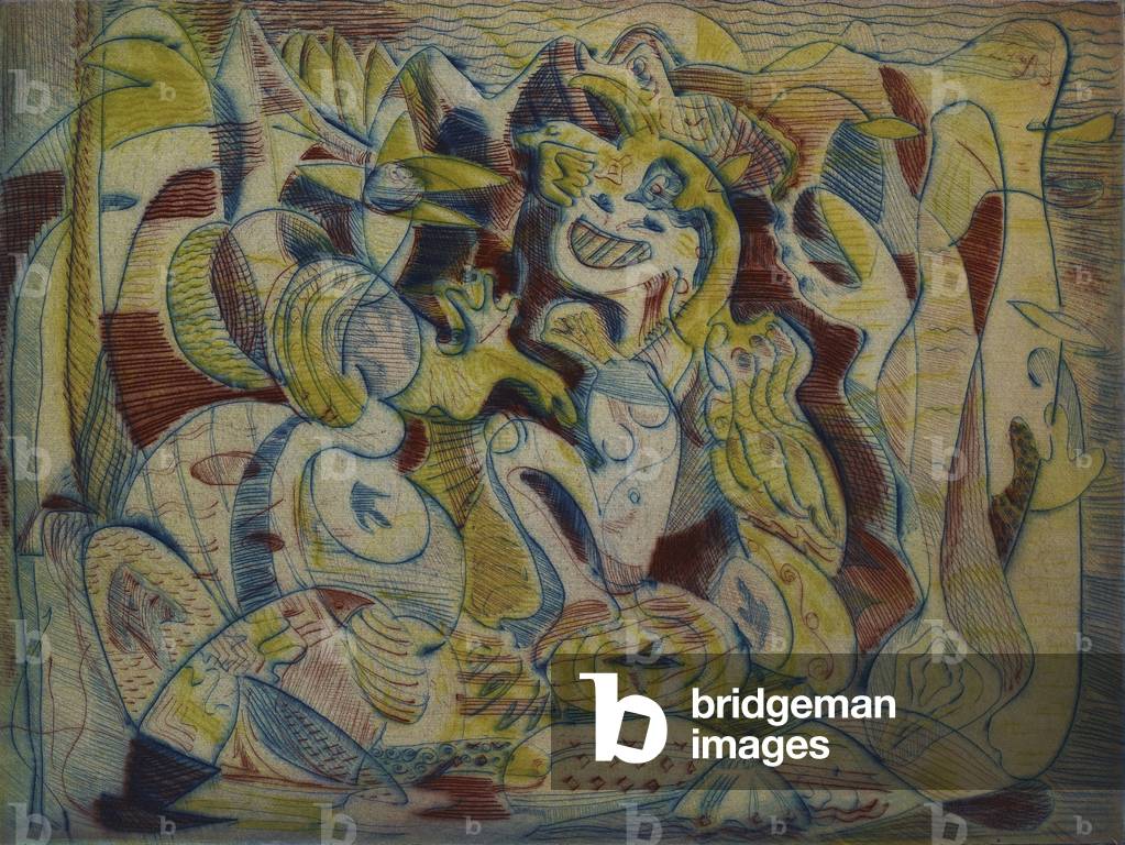 The Magicians, 1947 (puntasecca a colori su carta tessita)