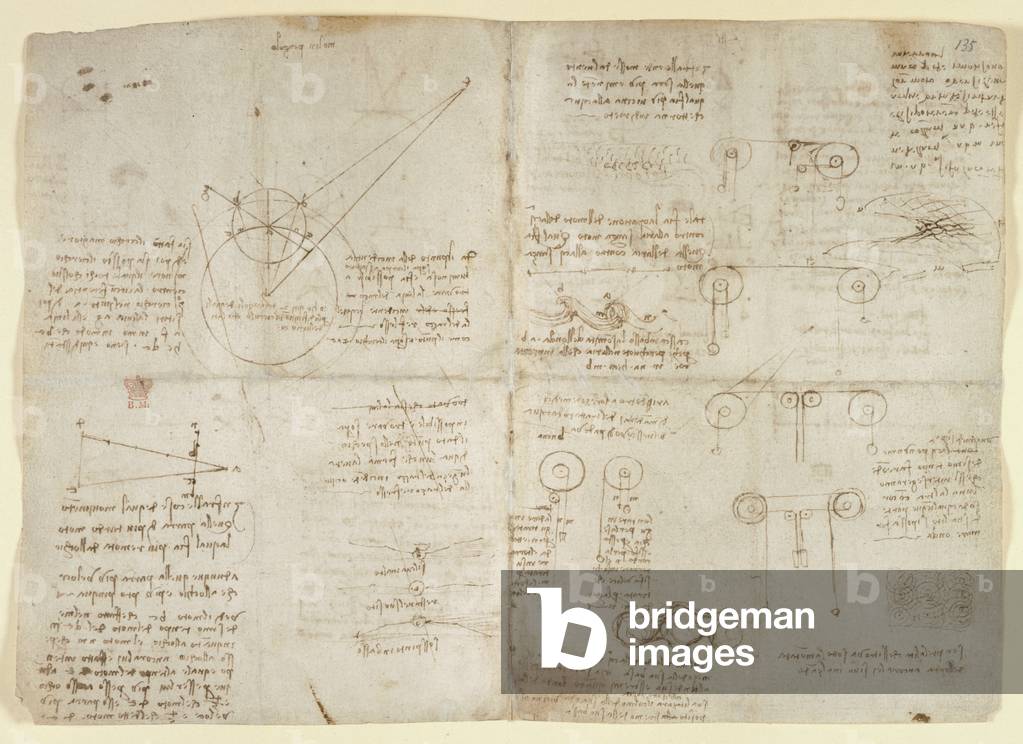 Bild von Zeichnung "Zeichnungen von Leonardo Da Vinici über die mechanischen Kräfte und Kräfte" 1503 von Leona