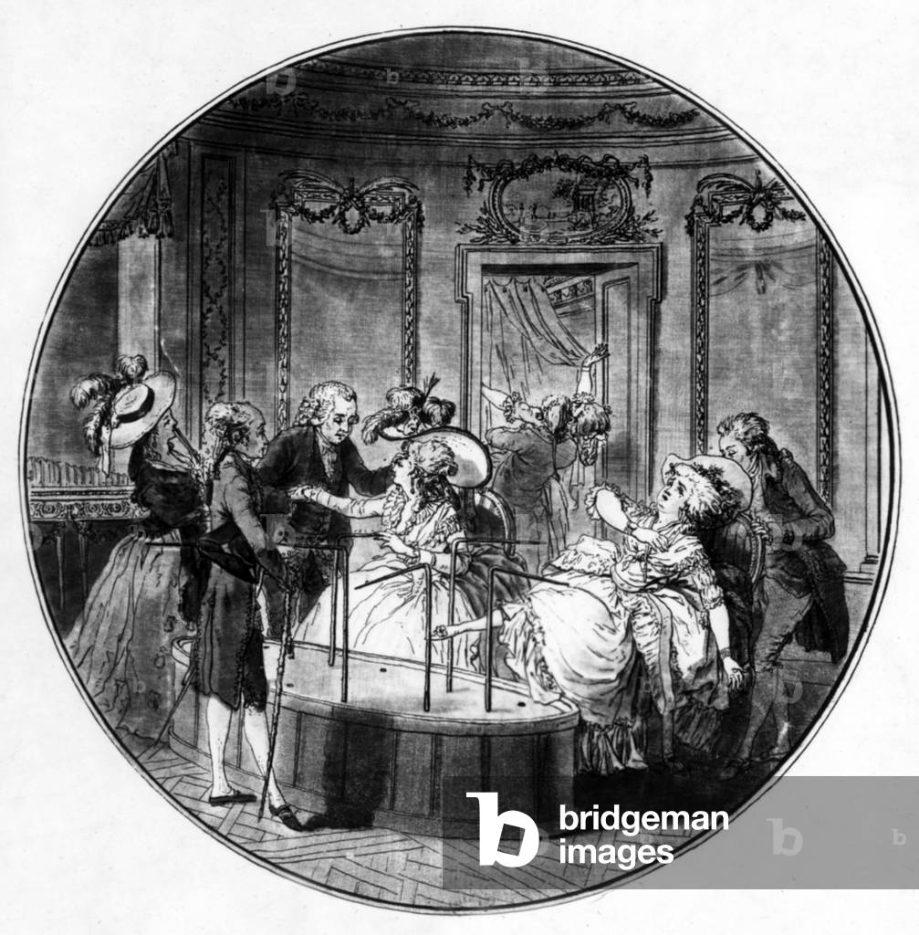 "Vasca di Franz Mesmer: trattamento magnetico (vasca con vetro e limatura di ferro)" 1784, b/w