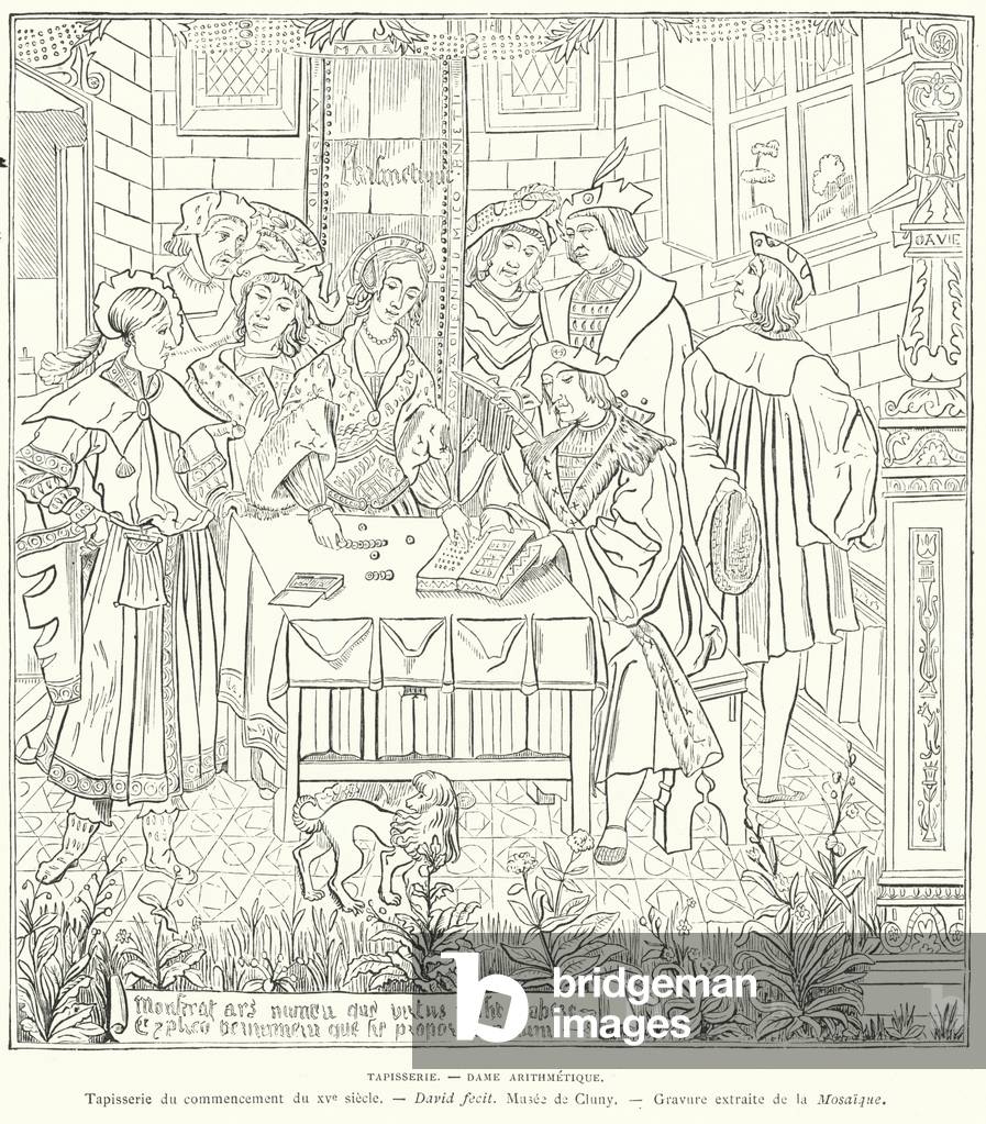 Arithmetic, French tapestry, early 15th Century (engraving)