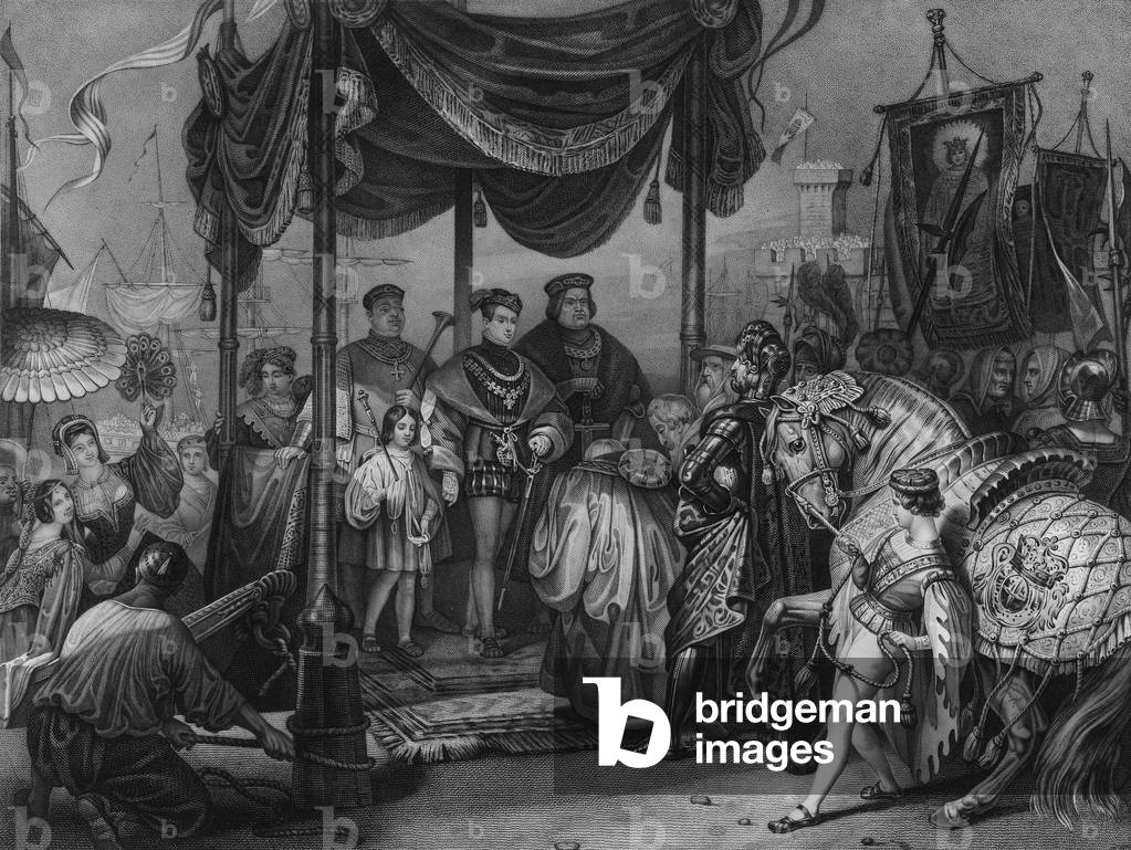 "Junger Karl V. (1500-1558) kommt 1516 in Spanien an (Gravur)" 1501, b/w