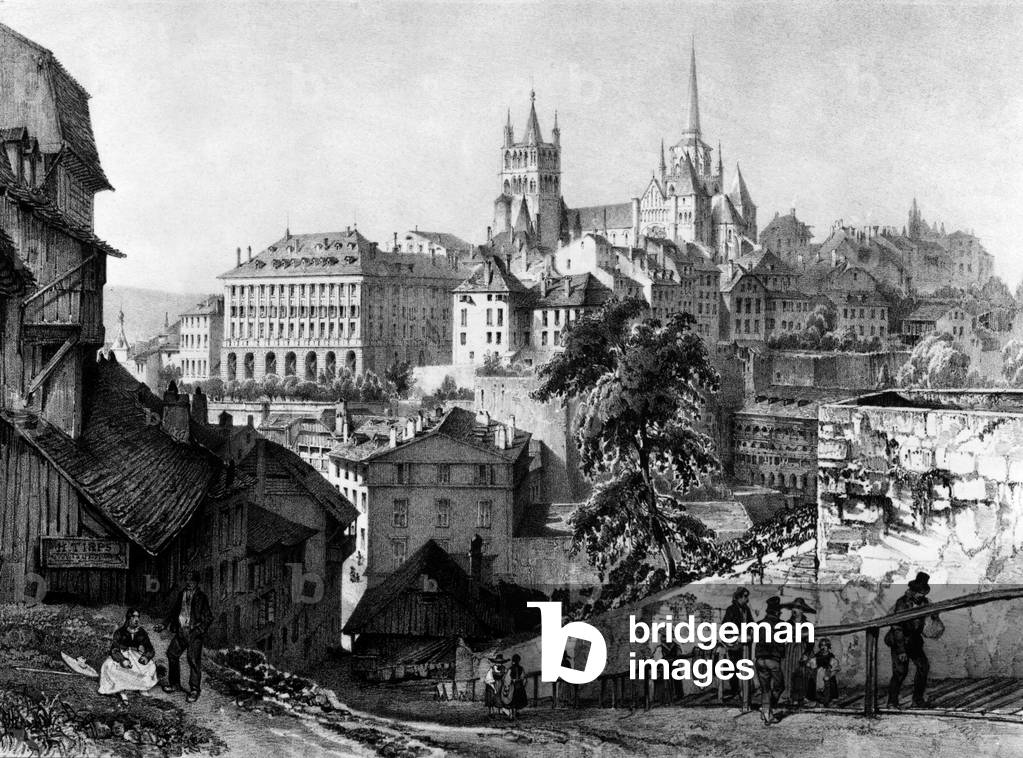 "Blick auf Lausanne (Schweiz) mit Dom" 1838, b/w
