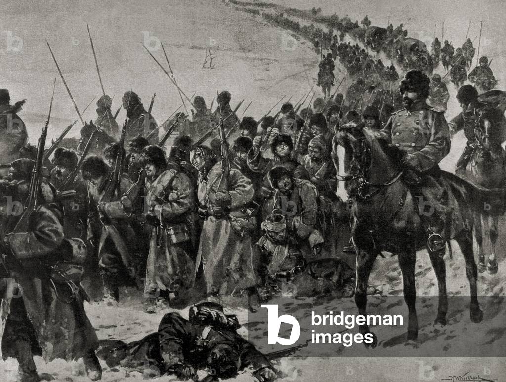 Guerre russo-japonaise (1904-1905). Colonne de soldats japonais. Gravure. Corée, b/w
