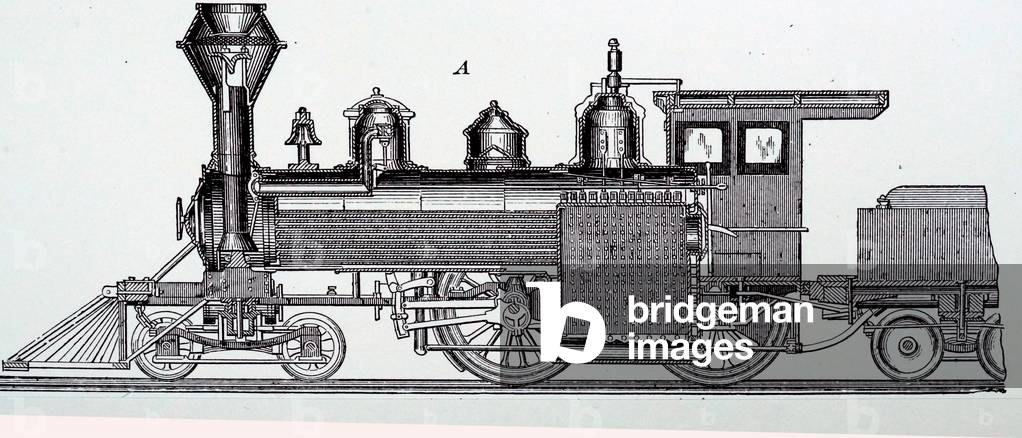 Eine Gravur mit Darstellung des zentralen Längsschnitts einer Lokomotive von Baldwin Locomotive Works, 19. Jah