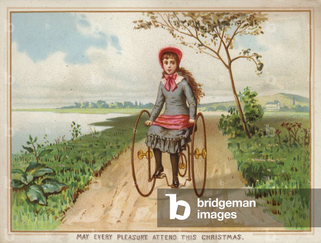 Fille chevauchant un tricycle dans le pays (chromolitho) par American School