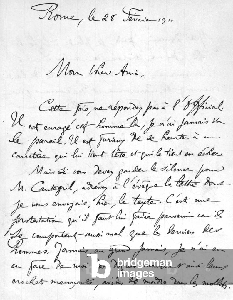 "Brief der Verteidigung aus Rom von Kanon Huguet seinem Anwalt an Priester Sauniere 28. Februar 1911" 1911, b/