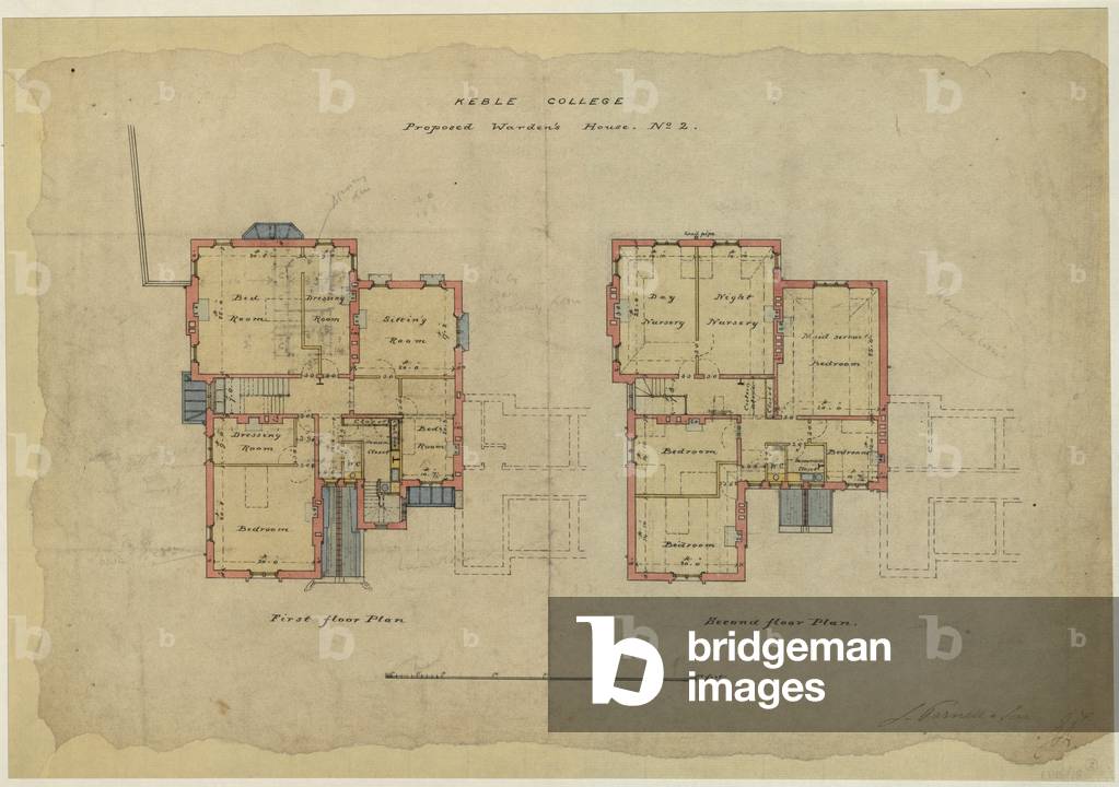 Immagine di Disegno "Keble College - alloggi del direttore. N. 2. Piani: primo e secondo piano" 1870 di Willia