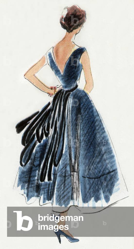 Moda Manguin, 1952: abito blu con raso nero, disegno