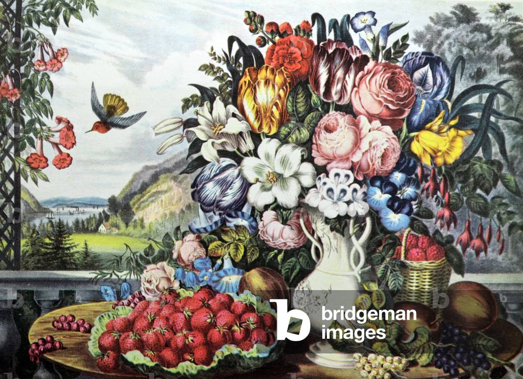 Paesaggio, frutta e fiori