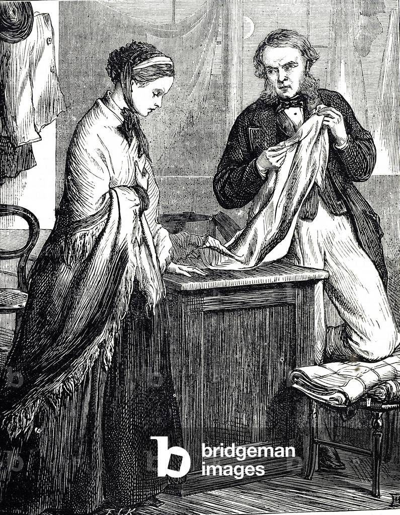 Gravure représentant une femme rejetée lorsqu'elle demande de couture en tant que travailleuse extérieure 1801