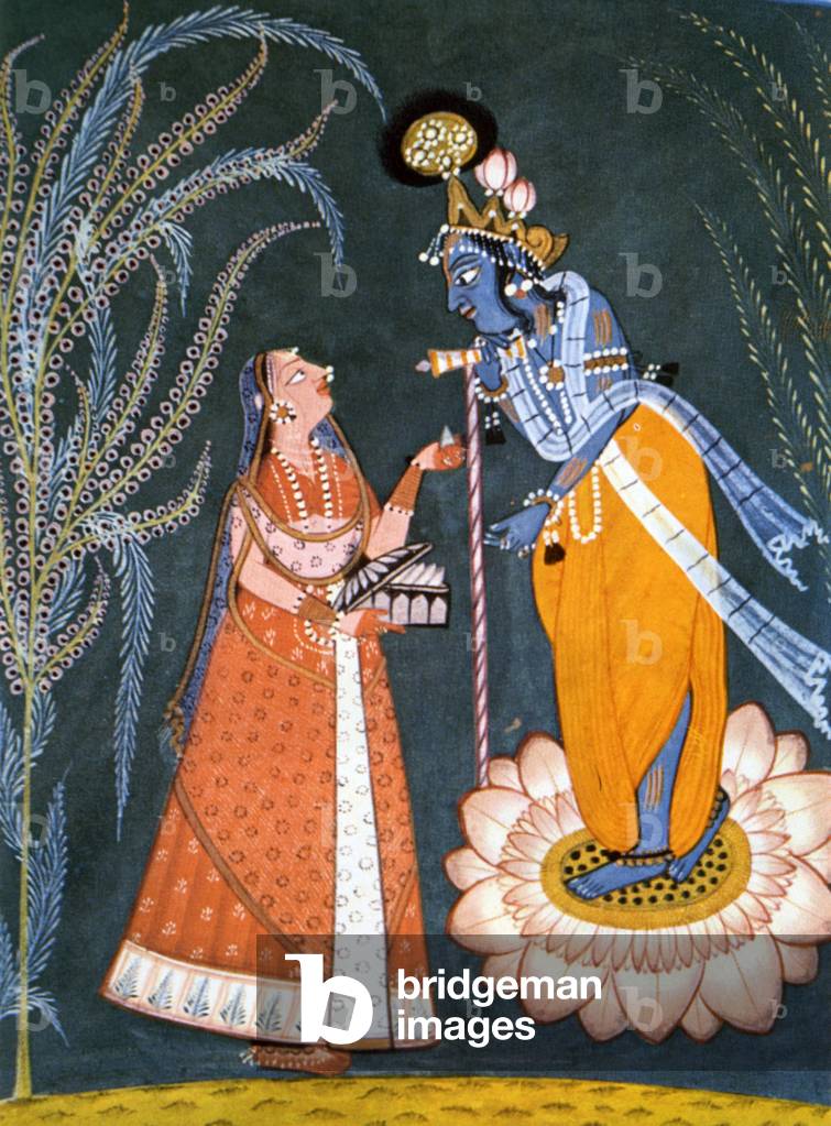 Radha besucht Krishna bei Nacht, Miniaturmalerei, frühes 18. Jahrhundert