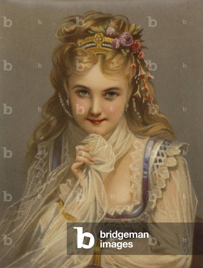 Mädchen mit blonden Haaren, Juwelen, Blumen und coy Lächeln (chromolitho)