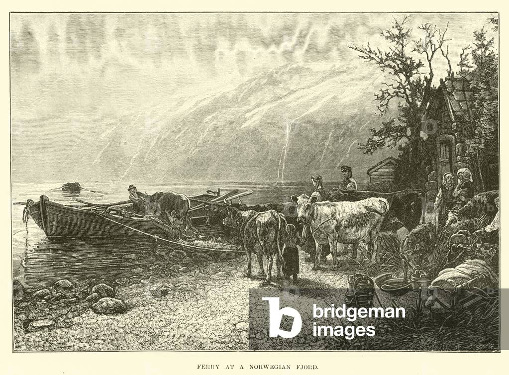 Ferry at a Norwegian Fjord (engraving) by English Artist, b/w