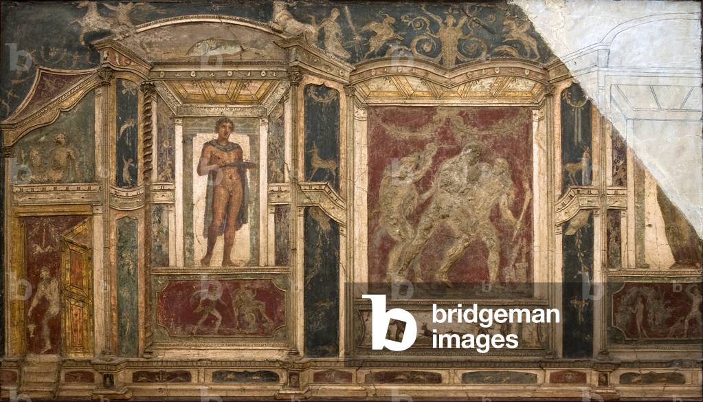 Image of Fresco depicting Roman art: Pompeii - House of Meleager - Dionysus drunk supported by Satyrs - Archae