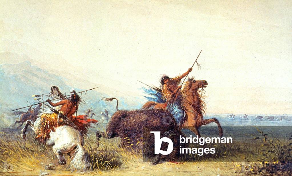 Büffeljagd in Wyoming, südlich von North Dakota, 19. Jahrhundert (Druck)