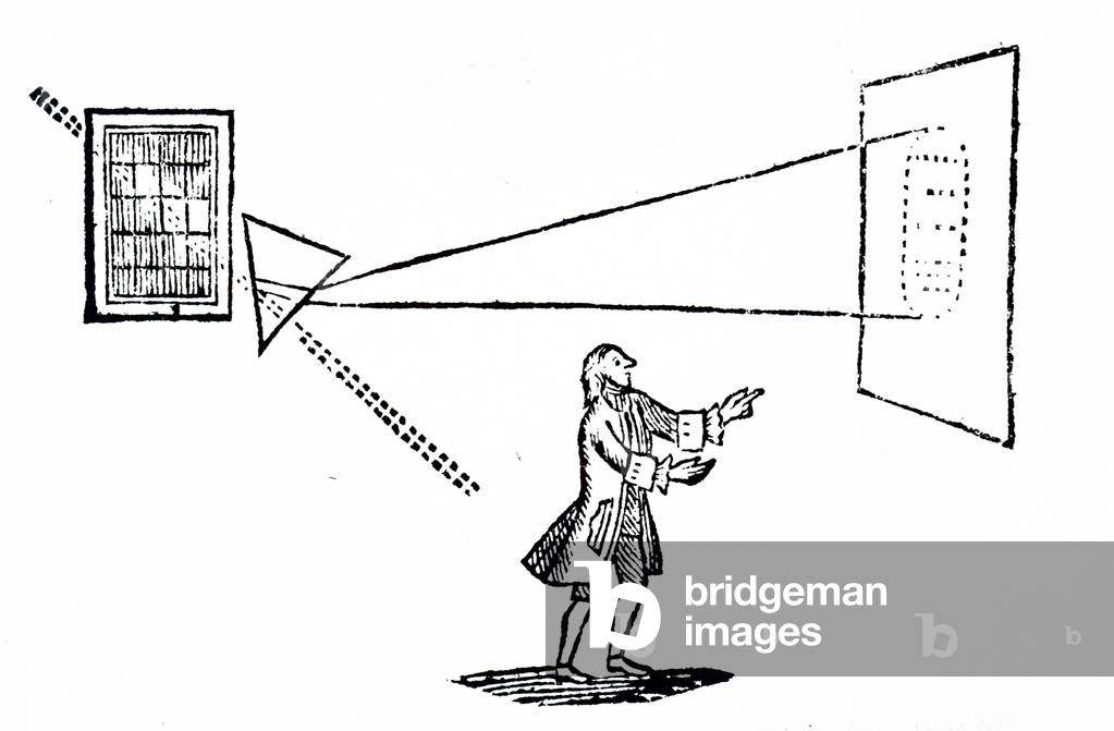 An engraving depicting Isaac Newton's experiment showing how a prism refracted a beam of light and broken down