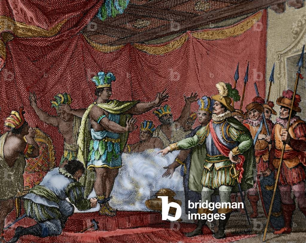 Cortes nahm Gefangene Moctezuma II (farbige Gravur)