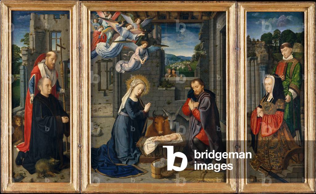 die geburt mit spender und heiligen hieronymus und leonard, um 1510—15 (öl auf leinwand)