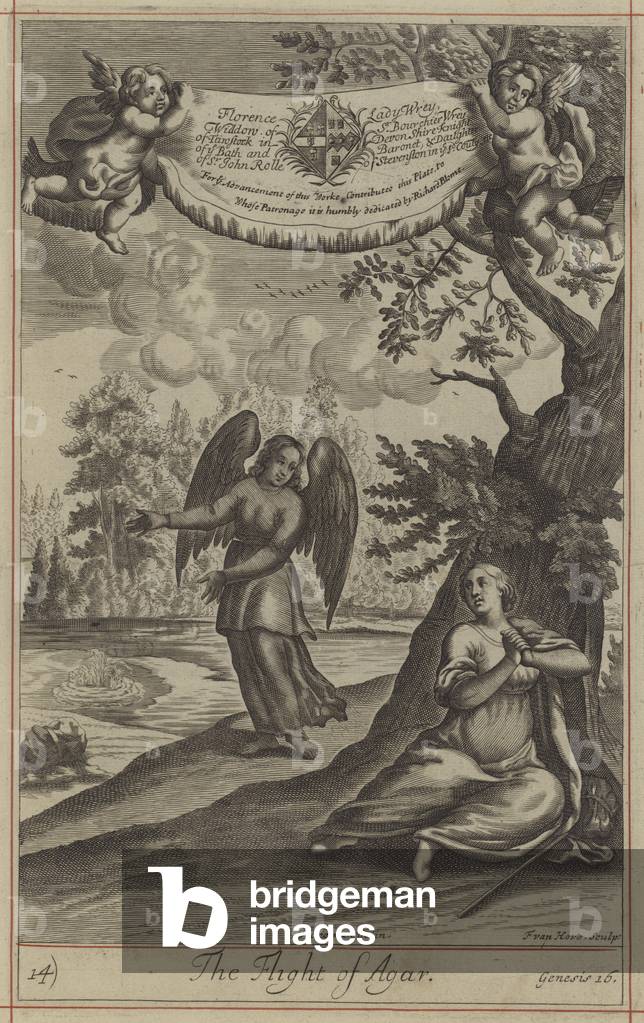 Image of Engraving depicting The Flight of Agar (engraving) 1701 by English Artist, b/w