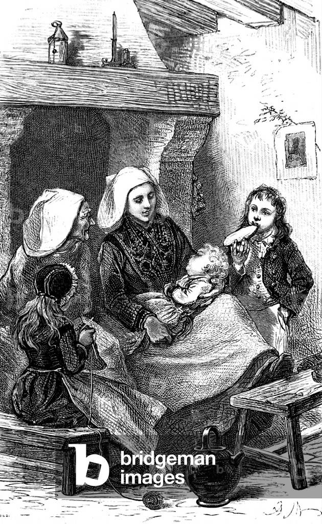 "Drei Generationen sitzen zusammen" 1850, b/w
