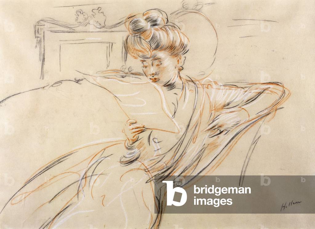 Madame Helleu Reading, (schwarze, rote und weiße Kreide auf Papier)