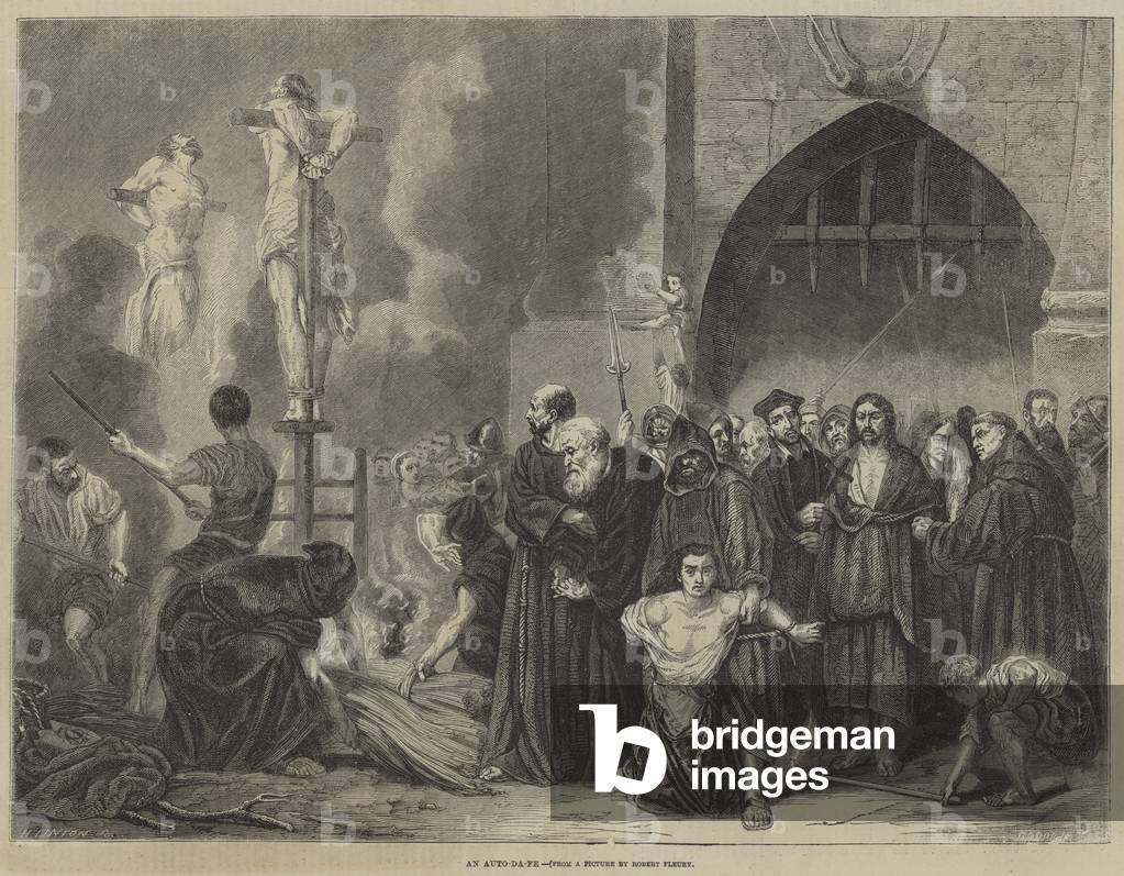An Auto-da-fe (engraving) by Robert Fleury, b/w