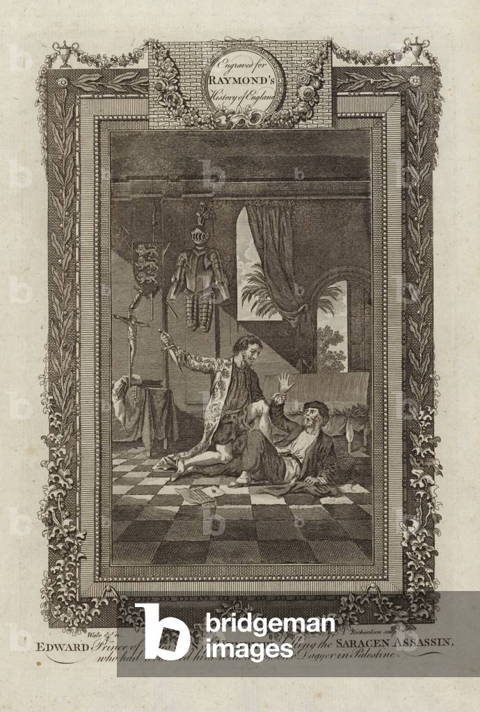 Edward Prince of Wales killing Saracen Assassin (engraving) by Samuel Wale, b/w