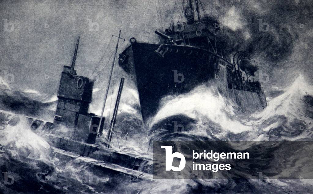 Immagine di Stampa "Sottomarino tedesco speronato da un cacciatorpediniere britannico" 1914