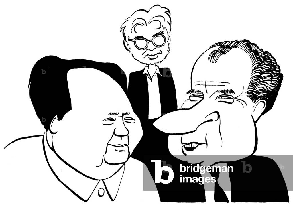 John Adams, Komponist von Nixon in China, flankiert von Mao Tse-Tung und Richard Nixon