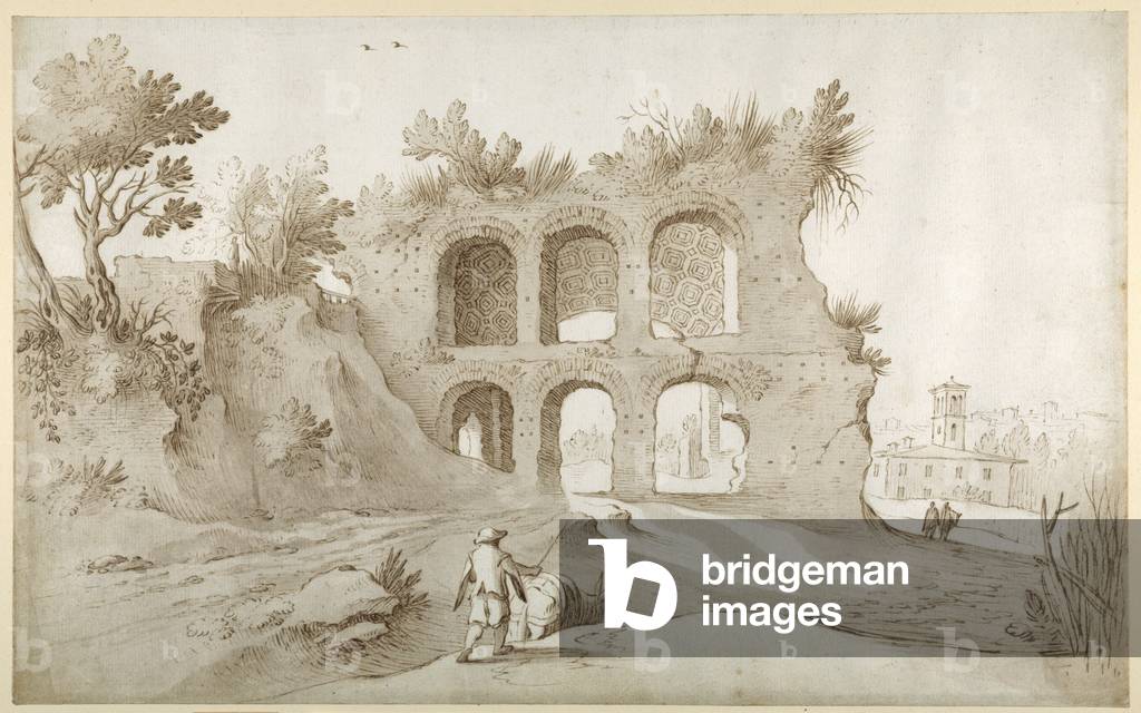 Basilica di Costantino. Parete d'ingresso in un ambiente fantastico (penna & inchiostro con lavaggio su carta)