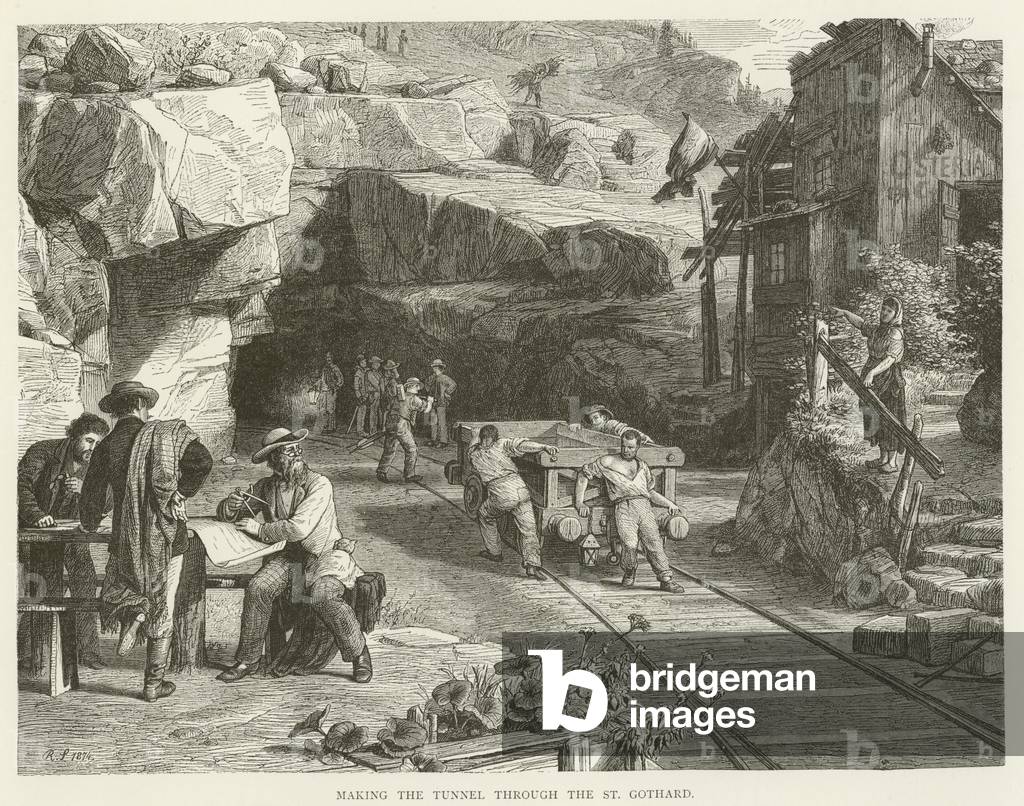 Making the tunnel through the St Gothard (engraving) by English Artist, b/w