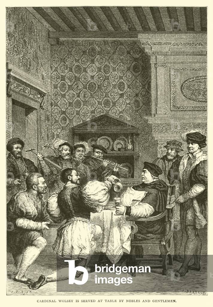 "Il cardinale Wolsey è servito a tavola da nobili e signori (incisione)" di English School, b/w