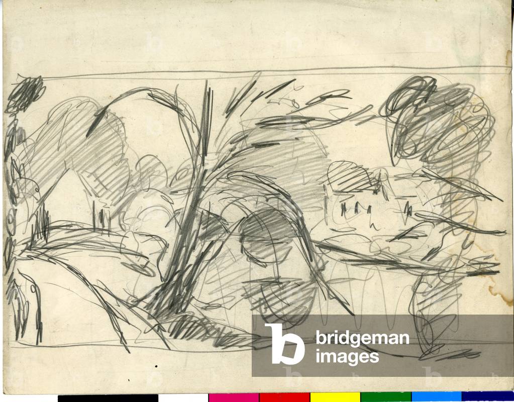 Bild von Zeichnung "Hütten und Bäume - Skizze" 1920 von William George Gillies